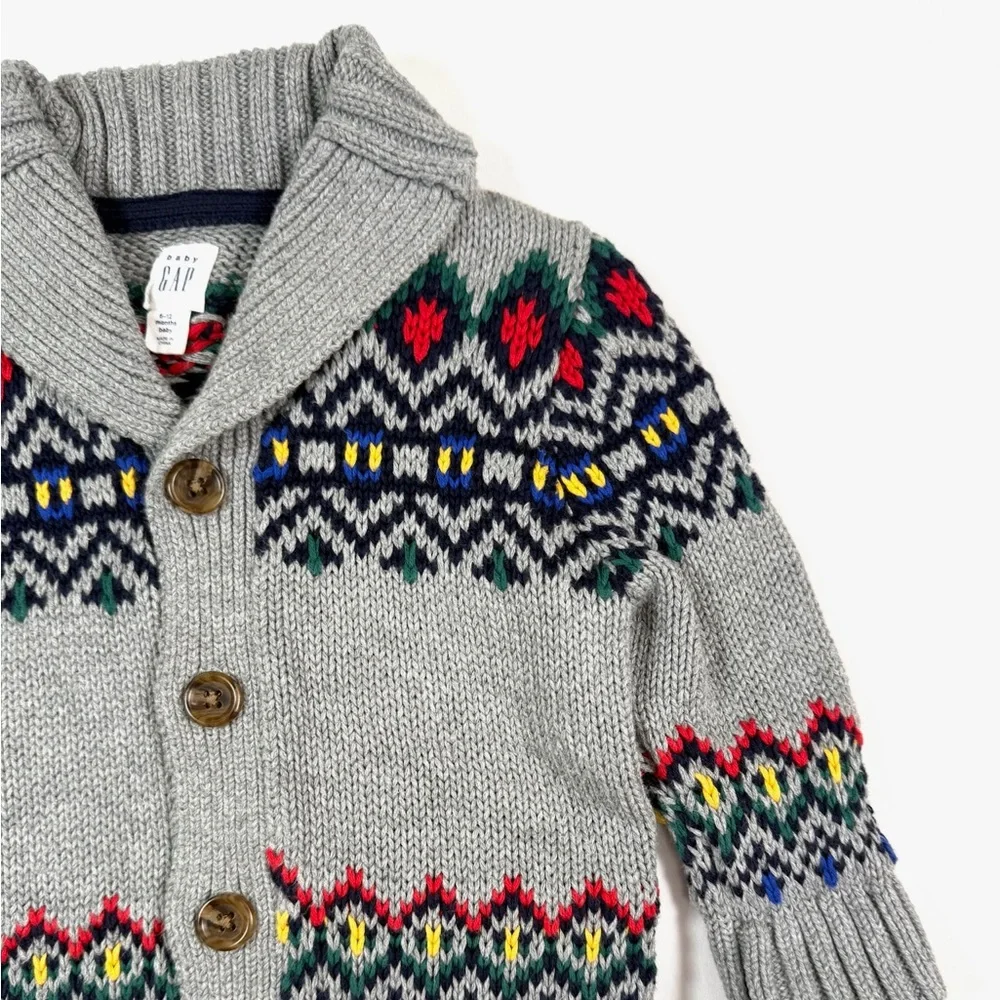 BABY GAP Cardigan Sweater 6-12M Fair Isle Animal Print Grandpacore Shawl Collar‎